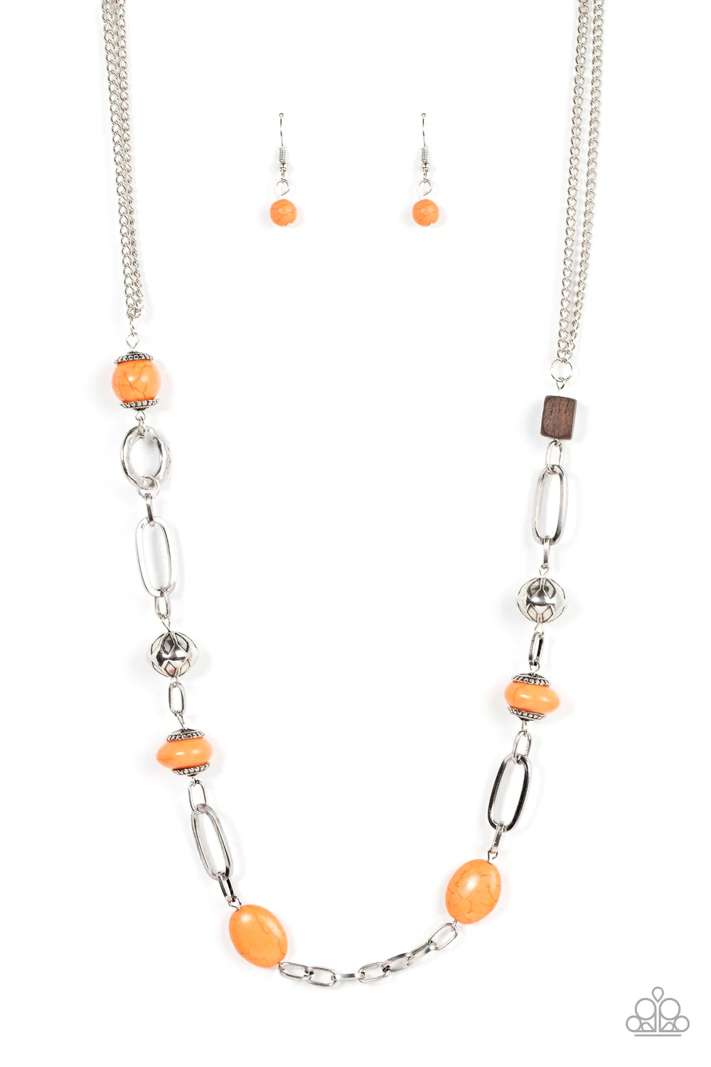 Paparazzi Accessories Barefoot Bohemian - Orange A whimsical collection of earthy wooden beads, decorative silver accents, and burnt orange stones delicately connects across the chest below doubled silver chains for an artisan expression. Features an adju