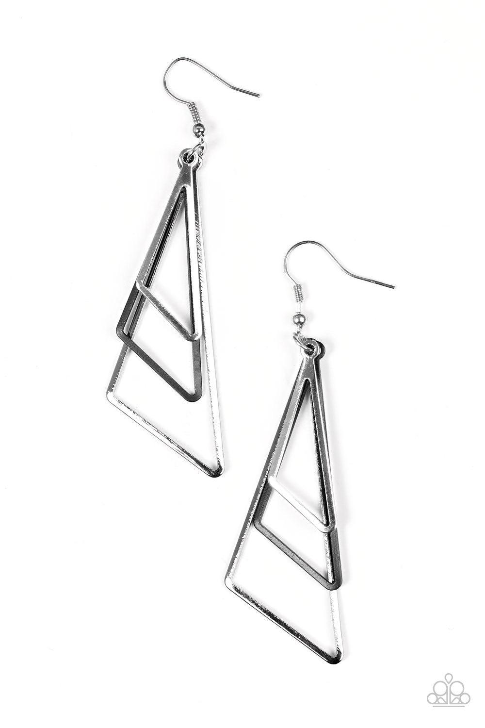 Paparazzi Accessories GEO Gorgeous - Black Airy black and silver triangular frames trickle from the ear, creating an edgy lure. Earring attaches to a standard fishhook fitting. Jewelry