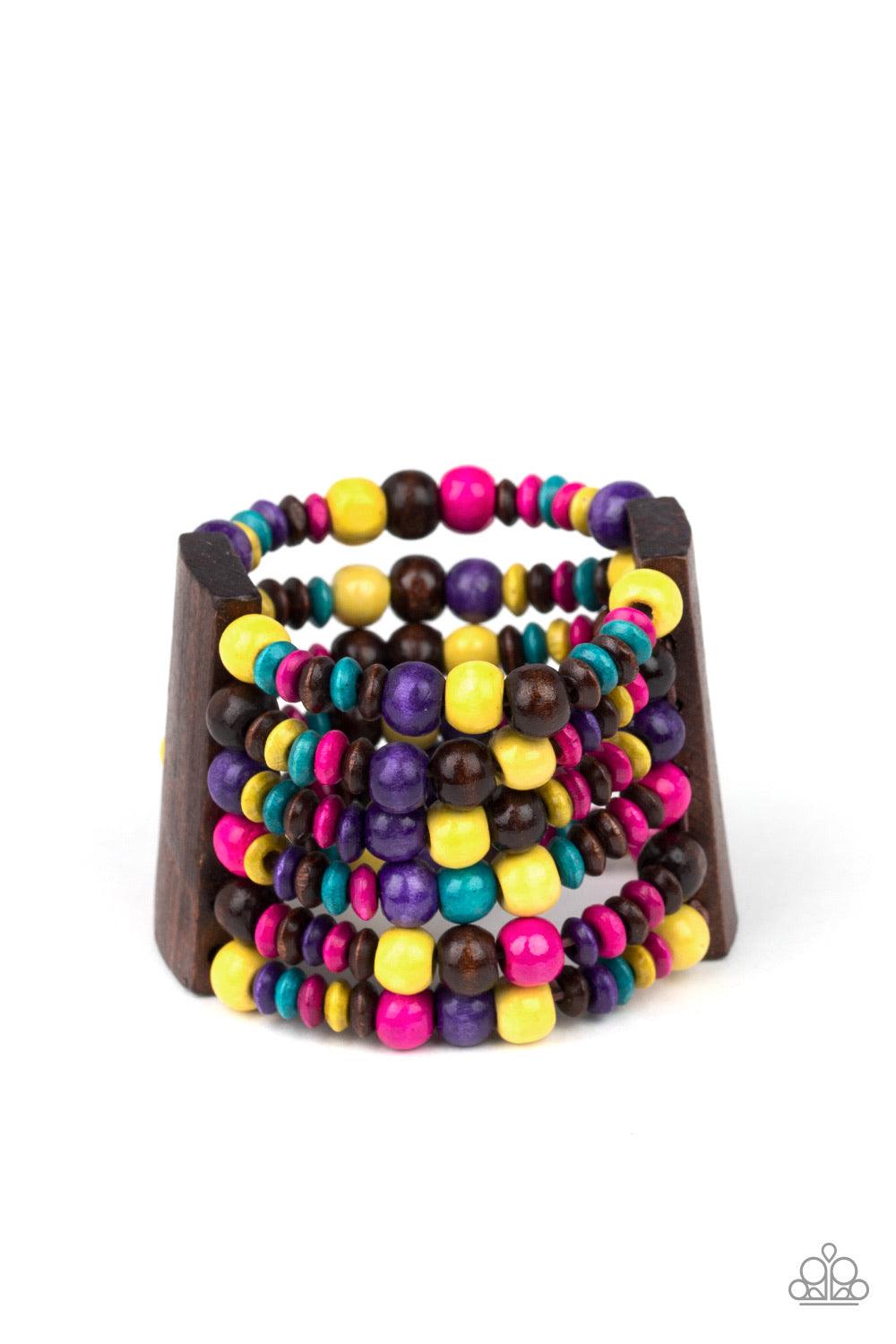 Paparazzi Accessories Don’t Stop BELIZE-ing - Multi Rectangular wooden frames hold together a collection of multicolored wooden beads threaded along stretchy bands, coalescing into a summery display around the wrist. Jewelry