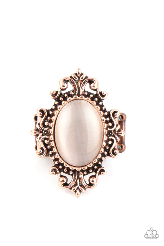 Paparazzi Accessories Can You SEER What I SEER - Copper A glowing cat's eye stone is pressed into the center of an ornately studded copper frame, creating a mystical pop of color atop the finger. Features a stretchy band for a flexible fit. Sold as one in