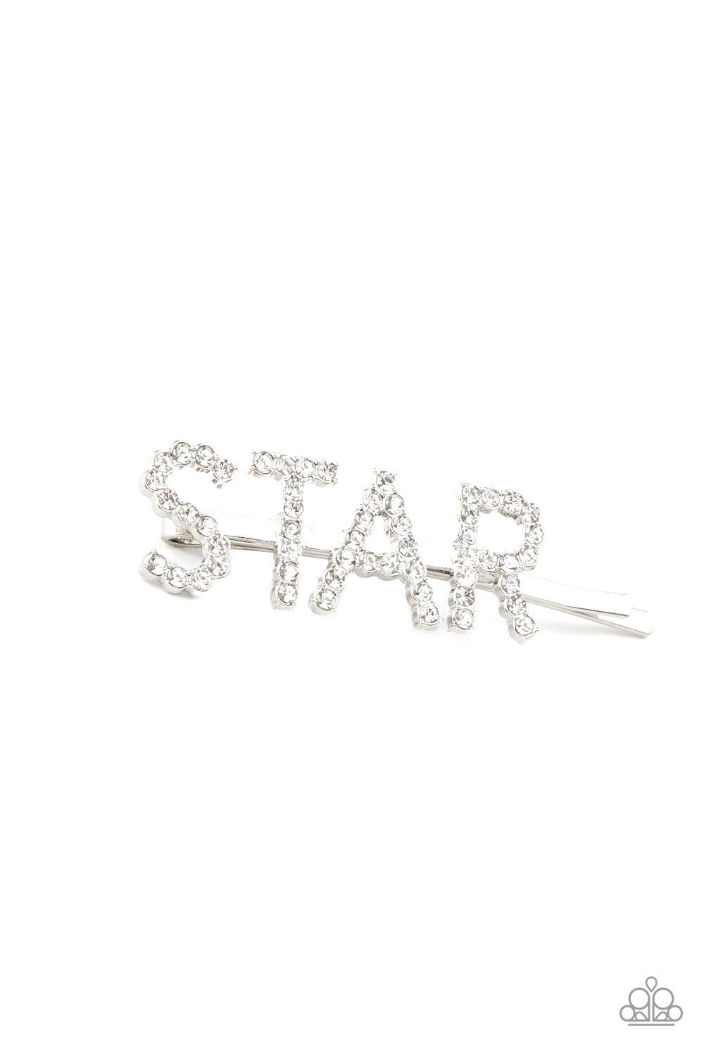 Paparazzi Accessories Star In Your Own Show - White Encrusted in glittery white rhinestones, glistening silver letters spell out the word, "STAR," across the front of a silver bobby pin for a stellar look. Sold as one individual decorative bobby pin. Hair