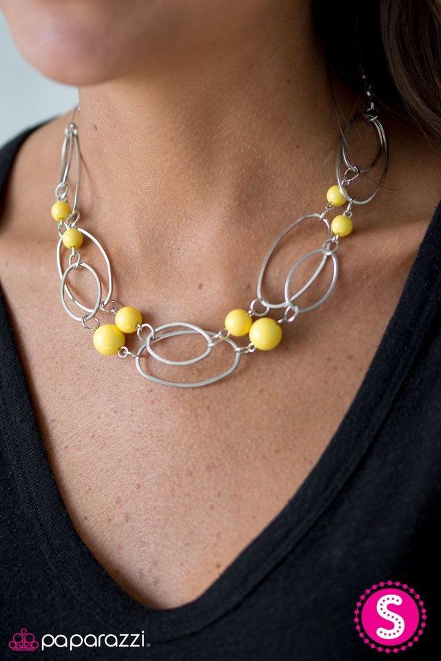 Paparazzi Accessories Glam Theory - Yellow Two rows of polished yellow beads and shimmery silver hoops drape below the collar in glamorous layers. Features an adjustable clasp closure. Jewelry