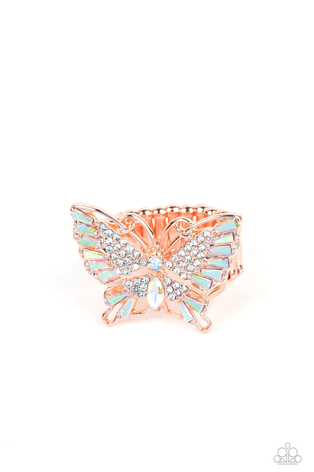 Paparazzi Accessories Fearless Flutter - Copper Sparkling with round, teardrop, and emerald cut white and iridescent rhinestones, a shiny copper butterfly fearlessly flutters atop the finger for a statement-making finish. Features a stretchy band for a fl