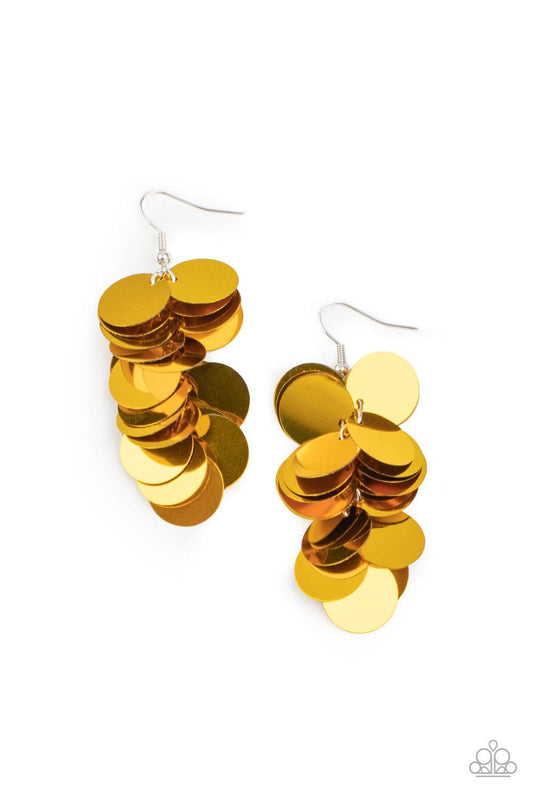 Paparazzi Accessories Now You SEQUIN It - Gold A cluster of bubbly gold sequins dangle from the ear, creating effortless effervescence. Earring attaches to a standard fishhook fitting. Sold as one pair of earrings. Jewelry