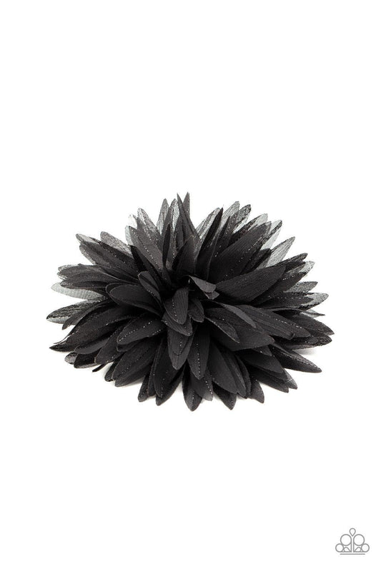 Paparazzi Accessories Bloom Baby, Bloom - Black Featuring hints of shimmer, black chiffon petals burst into an elegant blossom. Features a standard hair clip on the back. Sold as one individual hair clip. Hair Accessories