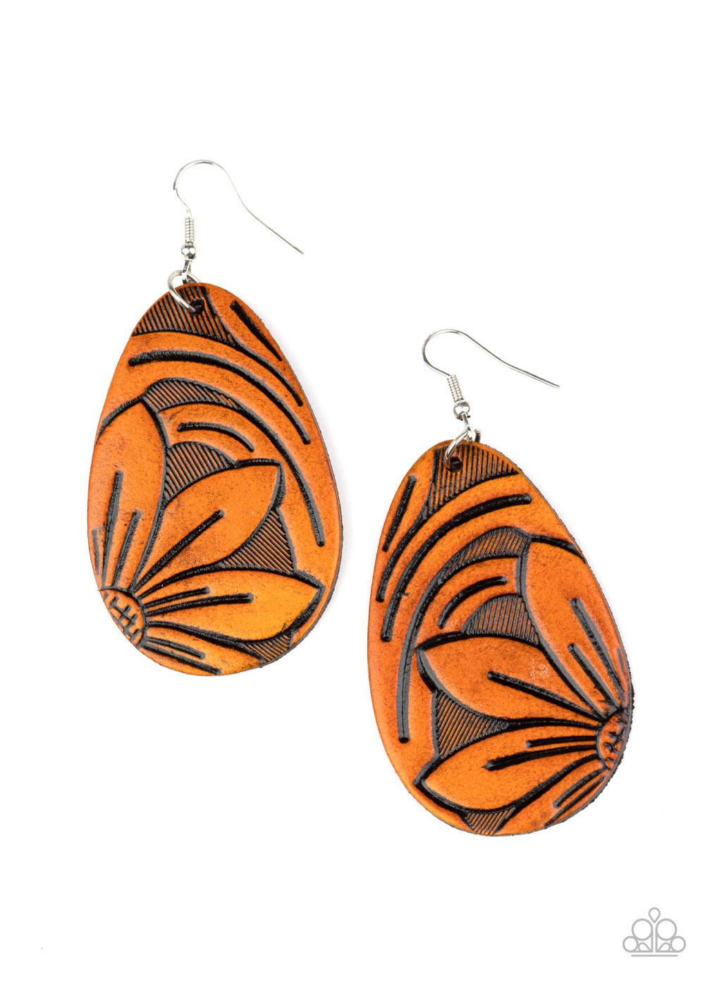 Paparazzi Accessories Garden Therapy - Brown Stamped and embossed in rustic floral detail, a brown leather teardrop frame swings from the ear for a whimsically seasonal look. Earring attaches to a standard fishhook fitting. Sold as one pair of earrings. J