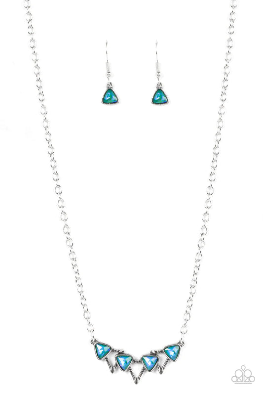 Paparazzi Accessories Pyramid Prowl - Multi A staggered row of iridescent triangular gems stack across the front of a row of textured silver triangular frames, resulting in a stellar sparkle below the collar. Features an adjustable clasp closure. Sold as