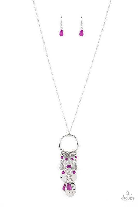 Paparazzi Accessories Totally Trolling - Purple Separated by dainty silver rings, crystal-like beads in the shade of Dahlia stream from the bottom of a flat silver hoop. Gradually increasing in size, hammered silver teardrops add texture and shimmer to th