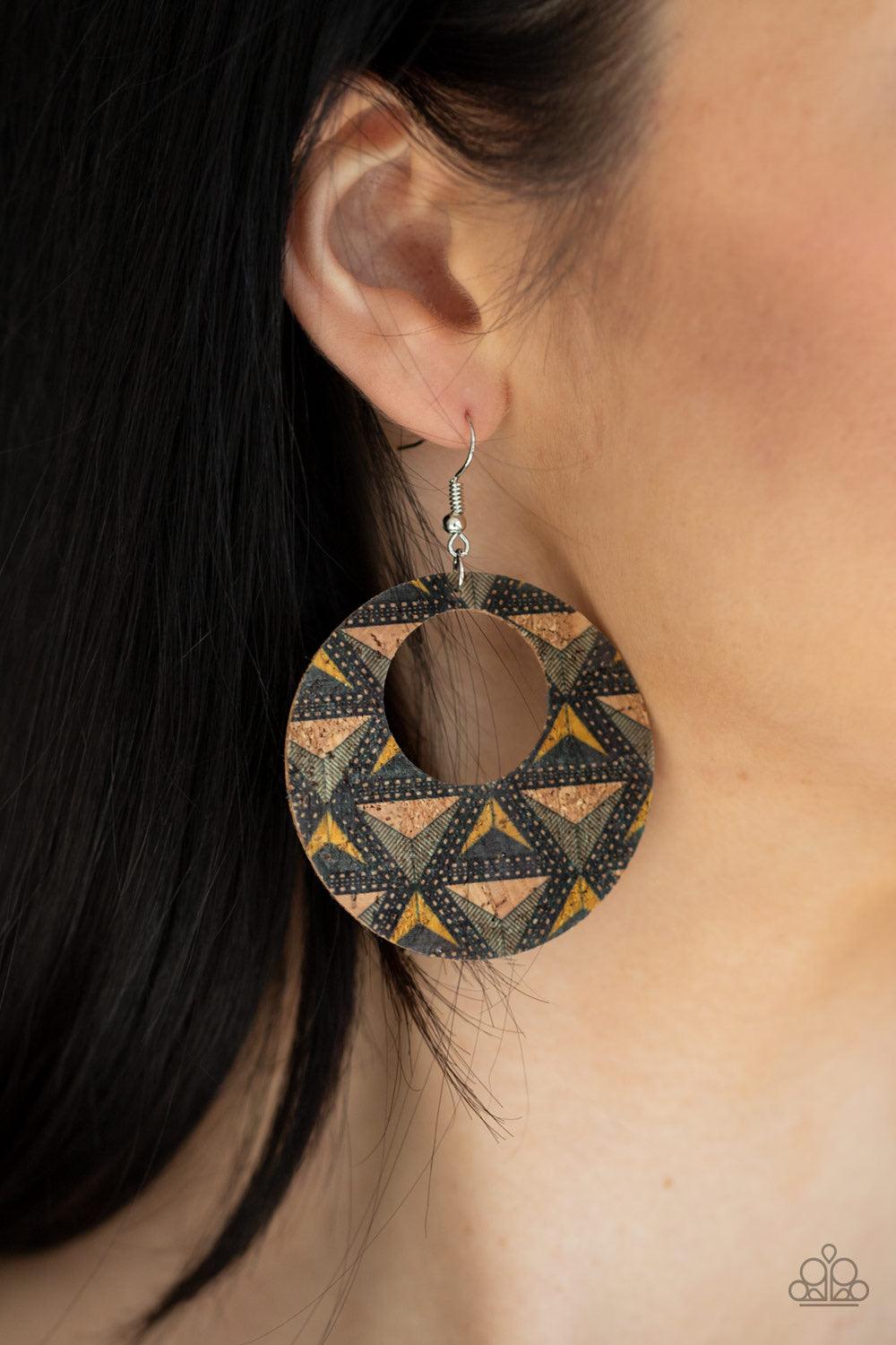 Paparazzi Accessories Put A Cork In It - Multi Featuring colorful geometric detail, a cork-like hoop swings from the ear for a seasonal look. Earring attaches to a standard fishhook fitting. Jewelry