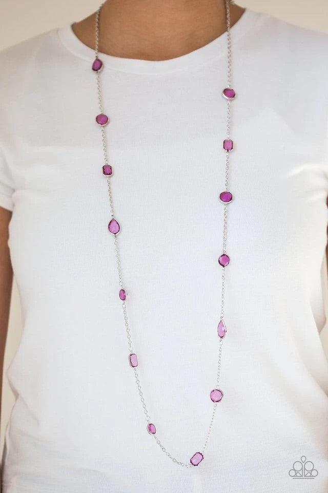Paparazzi Accessories Glassy Glamourous - Purple Featuring sleek silver fittings, an array of glassy pink gemstones trickle along a shimmery silver chain for a glamorous look. Features an adjustable clasp closure. Jewelry