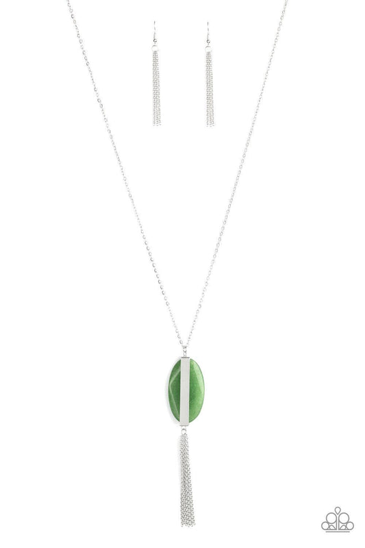 Paparazzi Accessories Tranquility Trend - Green Threaded through a rod, an earthy green stone sits inside a rectangular silver fitting, giving way to a shimmery silver chain tassel for a tranquil finish. Features an adjustable clasp closure. Jewelry