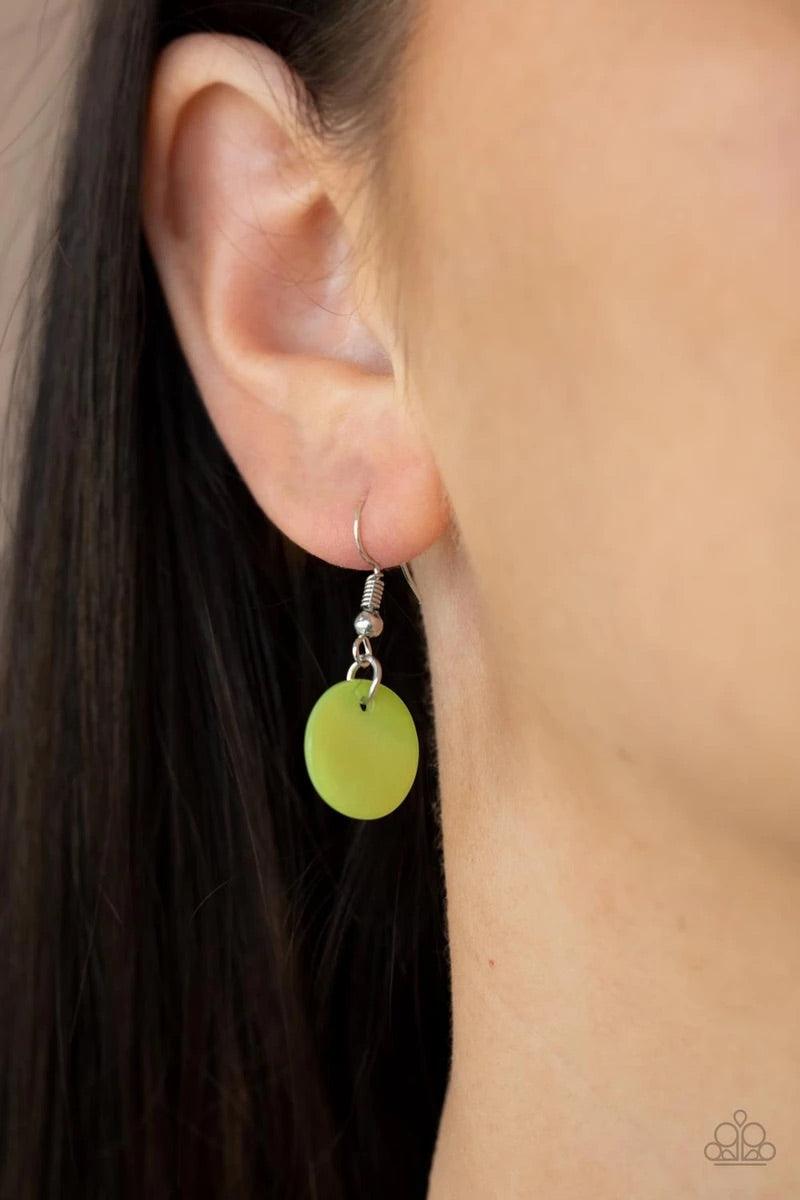 Paparazzi Accessories Seashore Spa ~Green Infused with hammered silver discs, an assortment of green and white shell-like discs are knotted in place along a gray cord, creating a summery display across the chest. Features an adjustable clasp closure. Sold