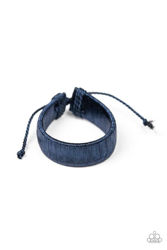 Paparazzi Accessories In A Flash - Blue Brushed in a metallic-like finish, shimmery blue wire wraps around a thick black leather band for an edgy look around the wrist. Features an adjustable sliding knot closure. Jewelry