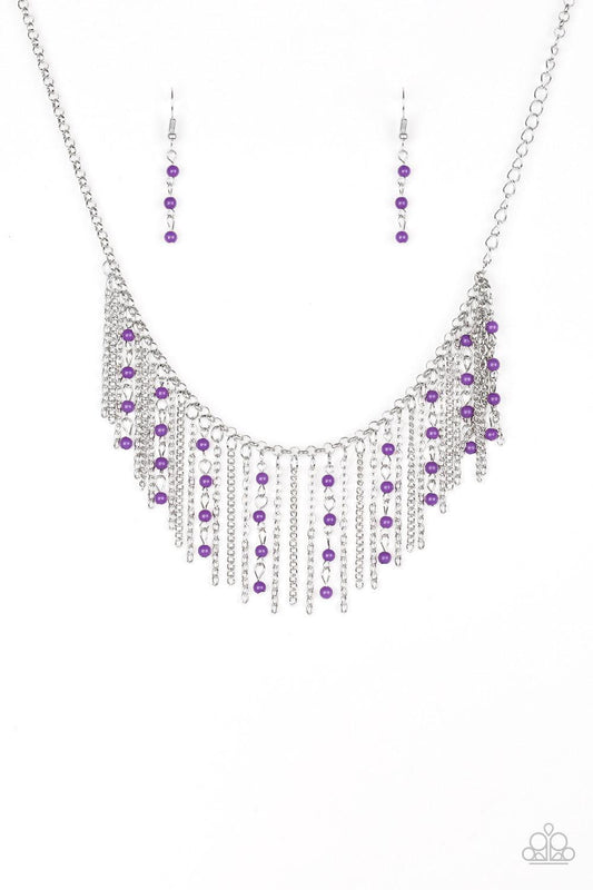 Paparazzi Accessories Harlem Hideaway - Purple Infused with purple beaded tassels, shimmery silver chains stream below the collar, creating a colorful fringe. Features an adjustable clasp closure. Sold as one individual necklace. Includes one pair of matc