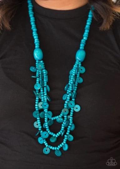 Paparazzi Accessories Safari Samba ~Blue Brushed in a refreshing blue finish, two bold wooden beads give way to summery layers. Brushed in a distressed finish, dainty wooden discs swing from the bottom of the layers for a flirty finish.