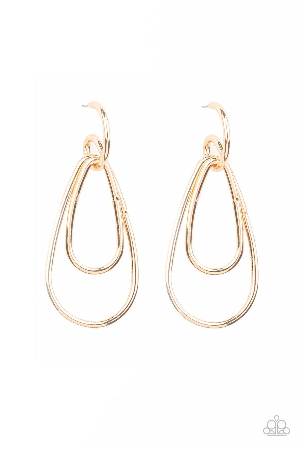 Paparazzi Accessories Droppin Drama - Gold A squiggly gold bar curls around the tops of two teardrop gold frames, creating an abstract hoop. Earring attaches to a standard post fitting. Hoop measures approximately 3/4" in diameter. Sold as one pair of hoo