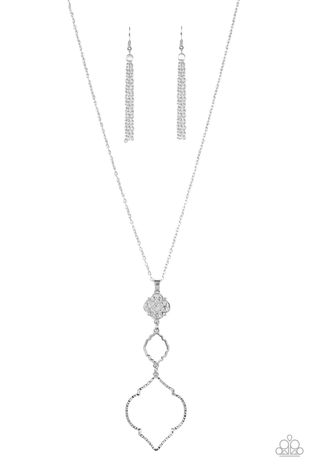 Paparazzi Accessories Marrakesh Mystery - Silver Featuring mandala-like patterns, a floral lattice frame gives way to mismatched scalloped silver frames, creating a magnificently stacked pendant at the bottom of an extended silver chain. Features an adjus
