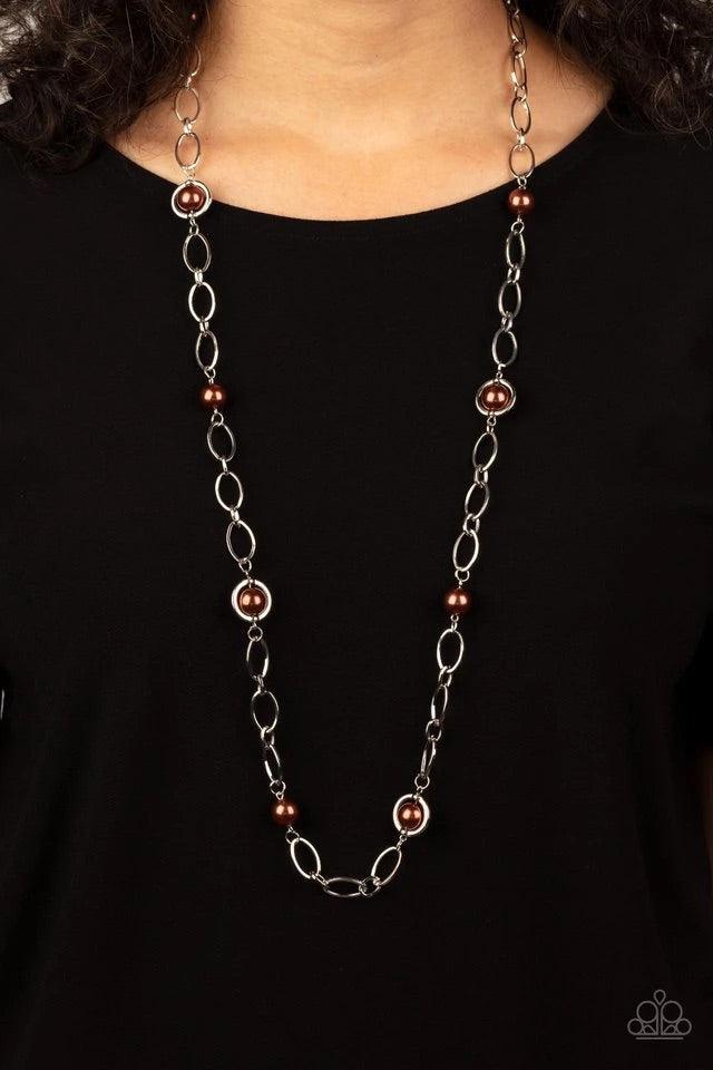 Paparazzi Accessories Fundamental Fashion - Brown Sections of oversized silver chain links and bubbly brown pearls delicately connect across the chest, resulting in a refined display. Features an adjustable clasp closure. Jewelry