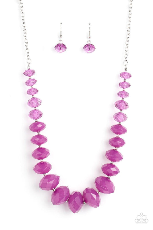 Paparazzi Accessories Happy-GLOW-Lucky - Purple Separated by dainty silver beads, glassy Poinciana crystal-like beads gradually morph into opaque Poinciana crystal-like beads below the collar. The vibrant compilation grows in size and intensity further be