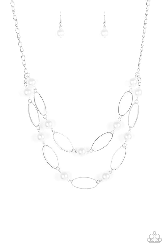 Paparazzi Accessories Best Of Both POSH-ible - White Two rows of white pearls and silver oval frames alternate below the collar, creating luminescent layers. Features an adjustable clasp closure. Sold as one individual necklace. Includes one pair of match