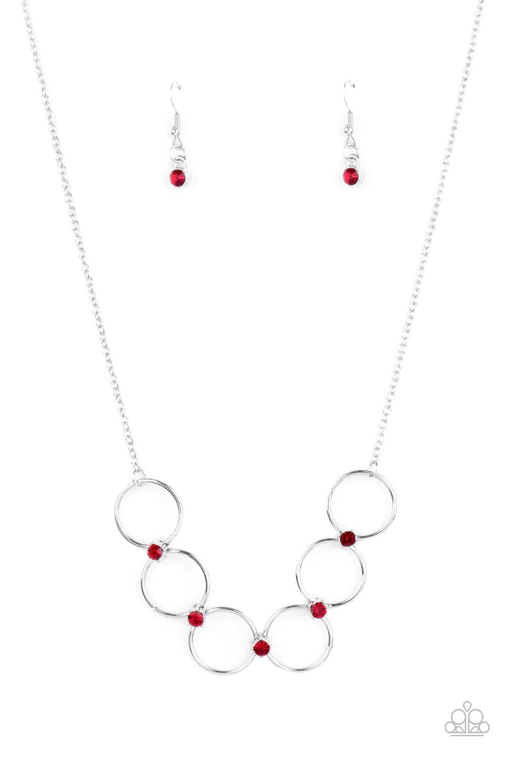 Paparazzi Accessories Regal Society - Red Fiery red rhinestones link a dainty row of silver rings below the collar, creating a regal minimalist inspired display. Features an adjustable clasp closure. Sold as one individual necklace. Includes one pair of m