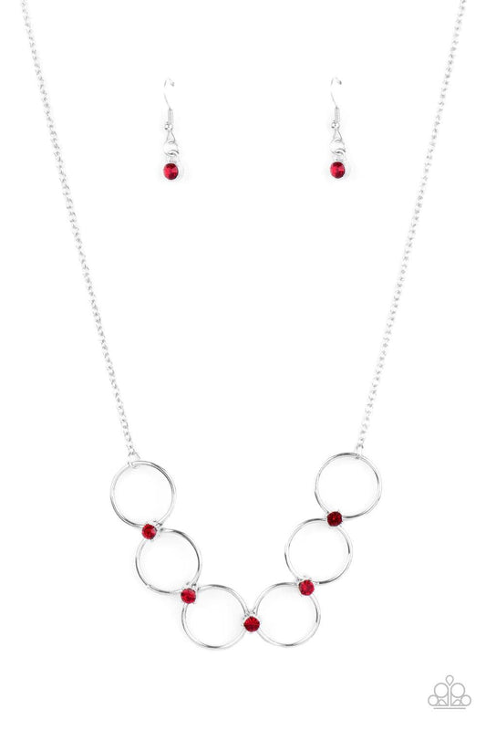 Paparazzi Accessories Regal Society - Red Fiery red rhinestones link a dainty row of silver rings below the collar, creating a regal minimalist inspired display. Features an adjustable clasp closure. Sold as one individual necklace. Includes one pair of m