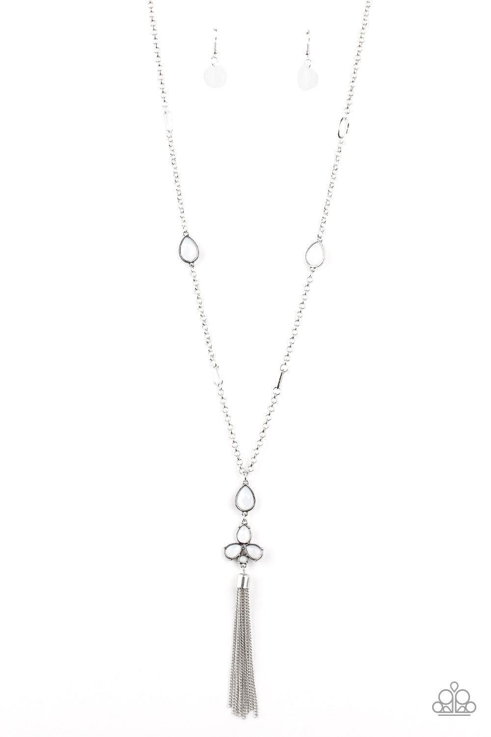 Paparazzi Accessories Eden Dew - White A cluster of dewy white teardrop beads coalesces at the bottom of a lengthened silver chain. Matching beads embedded in airy silver frames dot the chains that climb the chest, bringing an extra pop of color to the wh