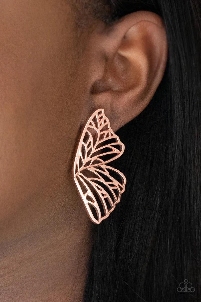 Paparazzi Accessories Butterfly Frills - Copper Shiny copper bars delicately climb scalloped shiny copper frames, coalescing into a whimsical butterfly wing. Earring attaches to a standard post fitting. Sold as one pair of post earrings. Jewelry