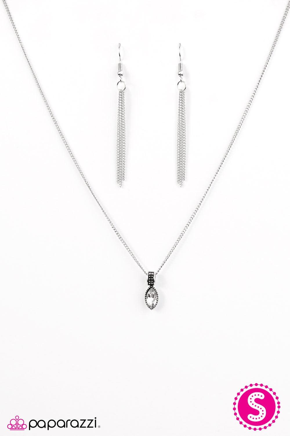 Paparazzi Accessories As Soon As POSH-ible - White Featuring a regal marquise-cut, a glittery white gem swings from a shimmery silver chain, creating a dainty pendant below the collar. Features an adjustable clasp closure. Jewelry