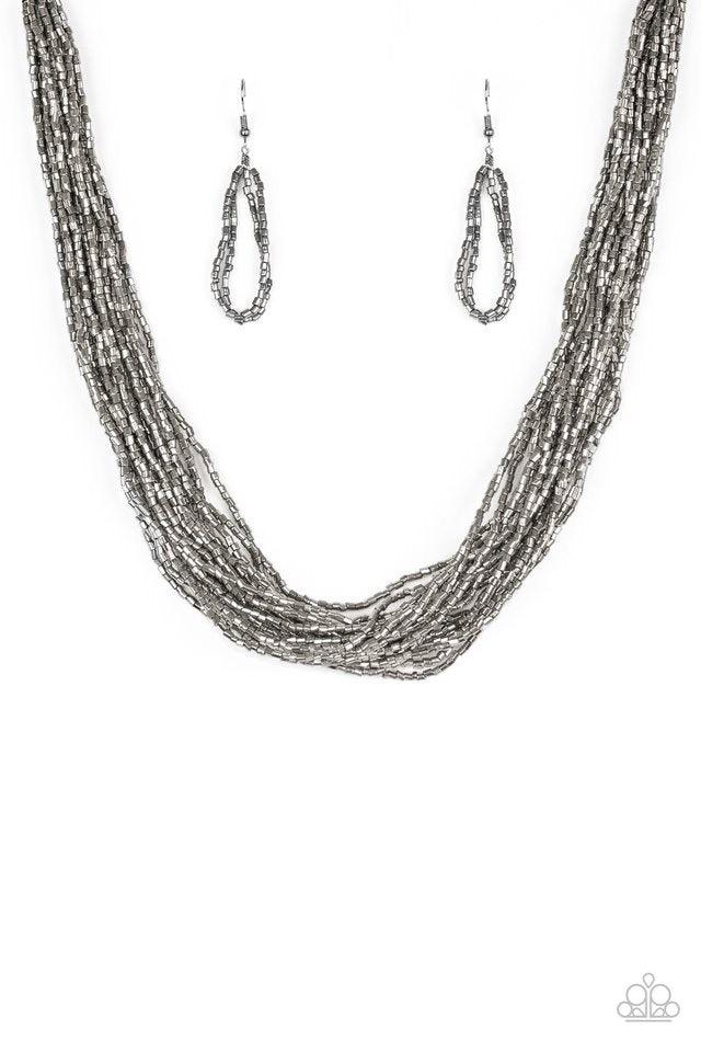 Paparazzi Accessories The Speed of STARLIGHT ~Gunmetal Strands of glistening gunmetal seed beads subtlety twist below the collar, coalescing into a blinding shimmer. Features an adjustable clasp closure.