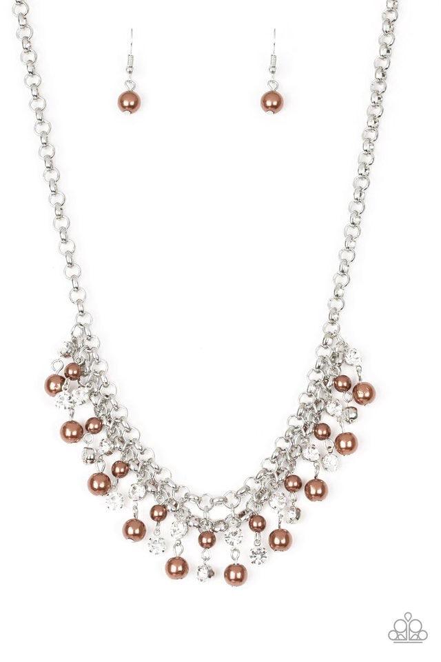 Paparazzi Accessories You May Kiss The Bride - Brown Glittery white rhinestones and classic brown pearls swing from the bottom of interlocking silver chains, creating a bubbly fringe below the collar. Features an adjustable clasp closure. Jewelry