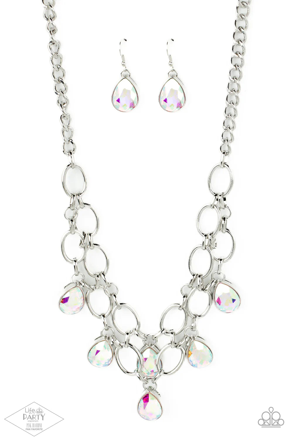 Paparazzi Accessories Show-Stopping Shimmer - Multi 1 Joined by dainty silver links, two rows of dramatic silver chain layer below the collar in a fierce fashion. Iridescent teardrop gems drip from the glistening layers, adding a timeless shimmer to the s