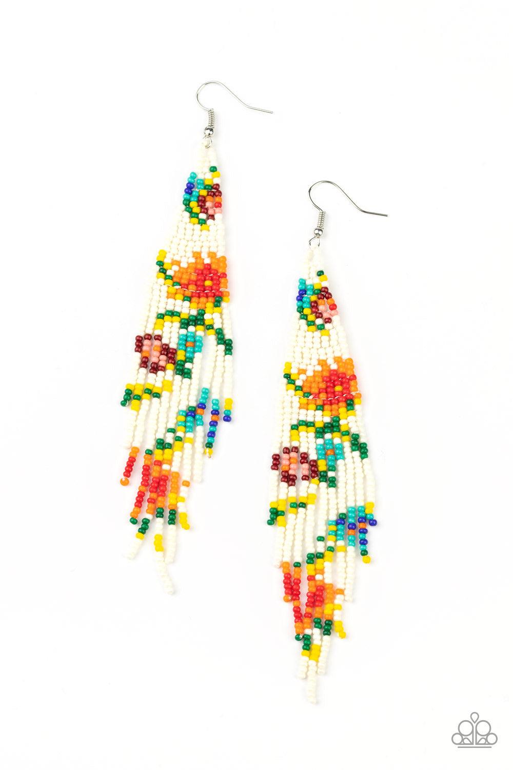 Paparazzi Accessories Beaded Gardens - White Strands of yellow, green, blue, white, red, orange, and pink seed beads colorfully weave into a vivaciously floral beaded fringe. Earring attaches to a standard fishhook fitting. Jewelry