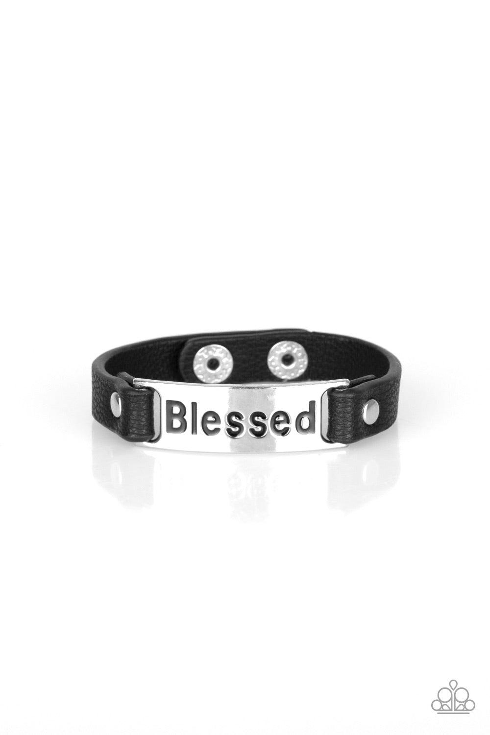 Paparazzi Accessories Count Your Blessings - Black Stamped in the word, "Blessed" a shiny silver plate is studded in place along a dainty black leather band for a whimsical look. Features an adjustable snap closure. Jewelry