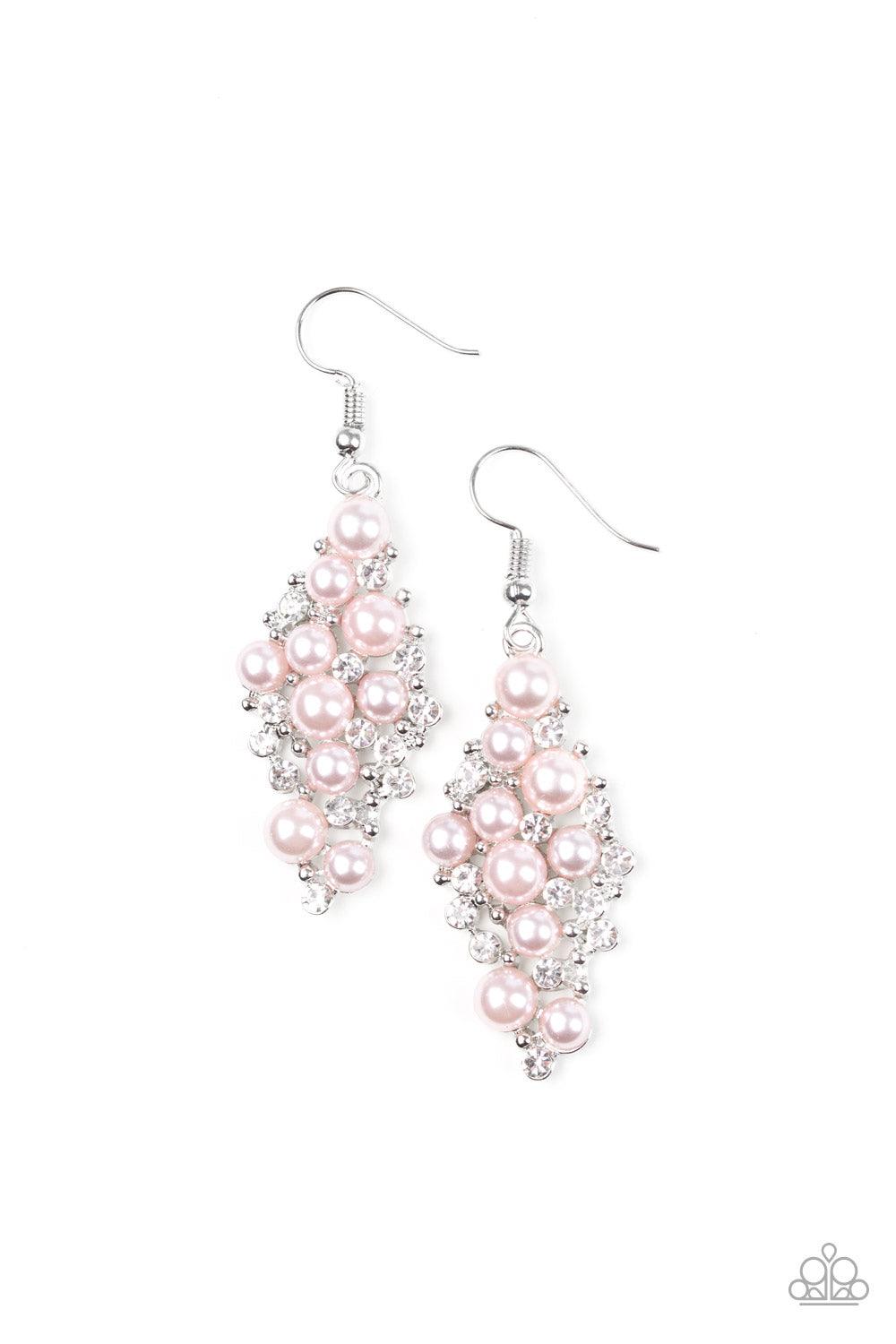 Paparazzi Accessories Famous Fashion - Pink Bubbly pink pearls, dainty silver studs, and radiant white rhinestones coalesce into an elegant lure. Earring attaches to a standard fishhook fitting. Sold as one pair of earrings. Jewelry