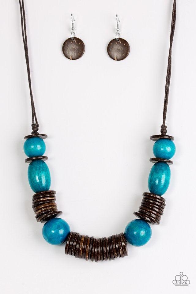 Paparazzi Accessories You Better BELIZE It ~Blue Brushed in a vibrant finish, refreshing blue wooden beads and brown wooden discs are threaded along shiny brown cording for a summery look. Features an adjustable sliding knot closure.