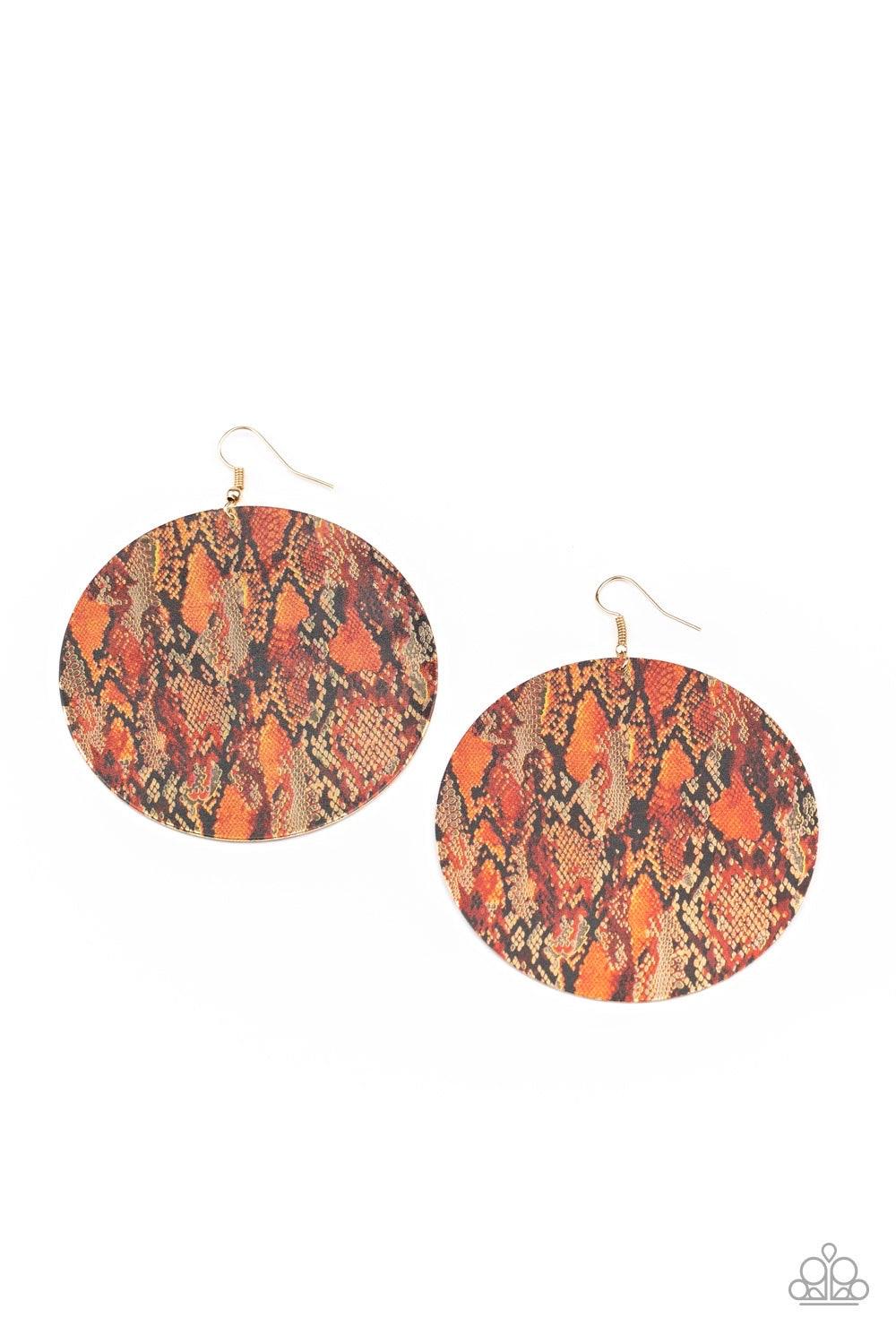 Paparazzi Accessories I’m Only Animal - Multi Featuring a colorful python print on the front and back, an oversized gold disc swings from the ear for a wild look. Earring attaches to a standard fishhook fitting. Sold as one pair of earrings. Jewelry