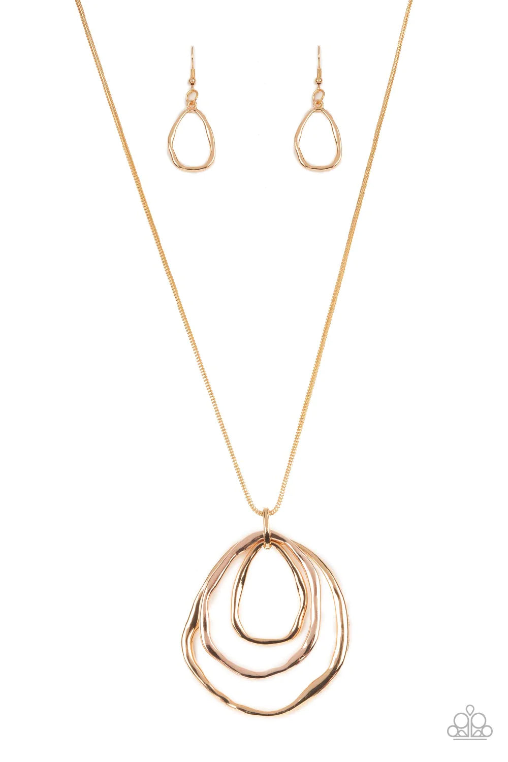 Paparazzi Accessories Revamped Relic - Gold A trio of mismatched warped gold and rose gold rings swing from the bottom of a glistening gold chain, creating an asymmetrically stacked pendant. Features an adjustable clasp closure. Sold as one individual nec