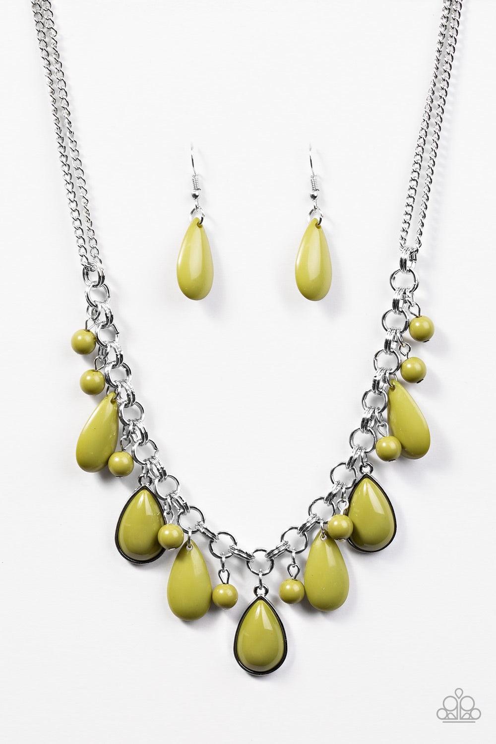 Paparazzi Accessories The Side Of Malibu - Green Tinted in the refreshing fall hue of Golden Lime, polished green beads and teardrops cascade from the bottom of a dramatic silver chain. Three green teardrops are pressed into sleek silver frames, catching
