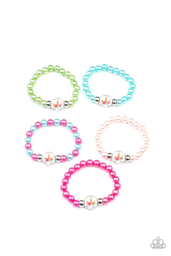 Paparazzi Accessories Starlet Shimmer Bracelets #23 Crowned with a floral bouquet, a unicorn with fluttering eyelashes adorns a white metallic disc. The stretchy beaded bracelets vary in springtime colors of blue, hot pink, light pink, and green. Jewelry