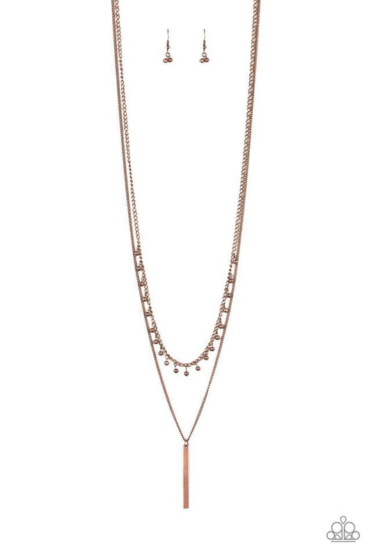 Paparazzi Accessories Keep Your Eye On The Pendulum - Copper Two mismatched copper chains layer down the chest. Dainty copper beads dangle from the bottom of the uppermost chain, while a rectangular pendulum-like pendant swings from the lowermost chain fo