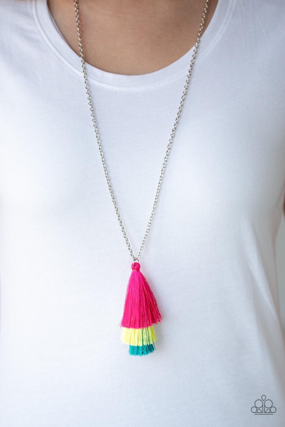 Paparazzi Accessories Triple The Tassel - Multi Featuring shimmery pink, yellow, and blue thread, a 3-tiered tassel swings from the bottom of a lengthened silver chain for a colorful, wanderlust vibe. Features an adjustable clasp closure. Jewelry