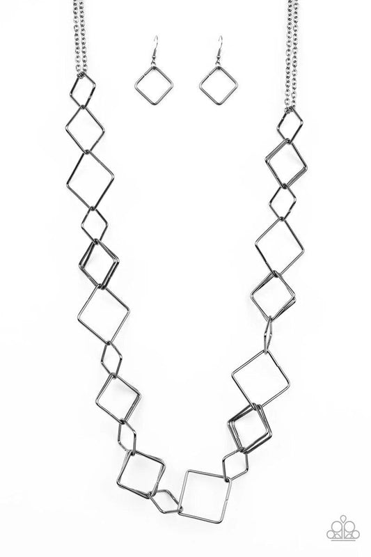 Paparazzi Accessories Backed Into A Corner - Black Varying in size, airy gunmetal square silhouettes link across the chest for an edgy look. Features an adjustable clasp closure. Sold as one individual necklace. Includes one pair of matching earrings. Jew