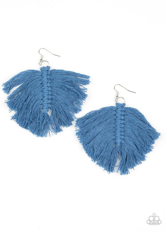 Paparazzi Accessories Macrame Mamba - Blue Rustic blue threaded tassels knot into a leaf-shaped frame, creating a colorful macramé inspired fringe. Earring attaches to a standard fishhook fitting. Sold as one pair of earrings. Jewelry