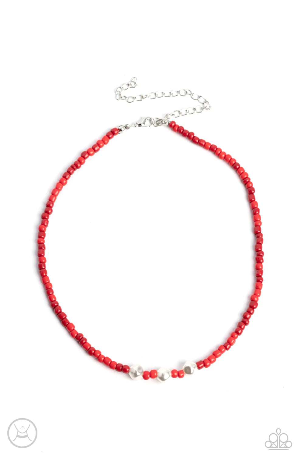 Paparazzi Accessories I Can SEED Clearly Now - Red Stretched along an invisible wire, a collection of red seed beads in various shades circles above the collar for a vibrant pop of color. Three baroque pearls interrupt the beading, adding a refined sheen