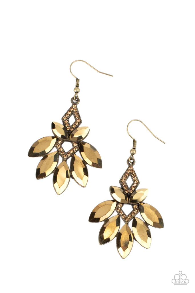 Paparazzi Accessories Galaxy Grandeur - Brass Featuring regal marquise style cuts, oversized aurum gems fan out from golden topaz rhinestone dotted brass frames that stack into a glamorous lure. Earring attaches to a standard fishhook fitting. Sold as one