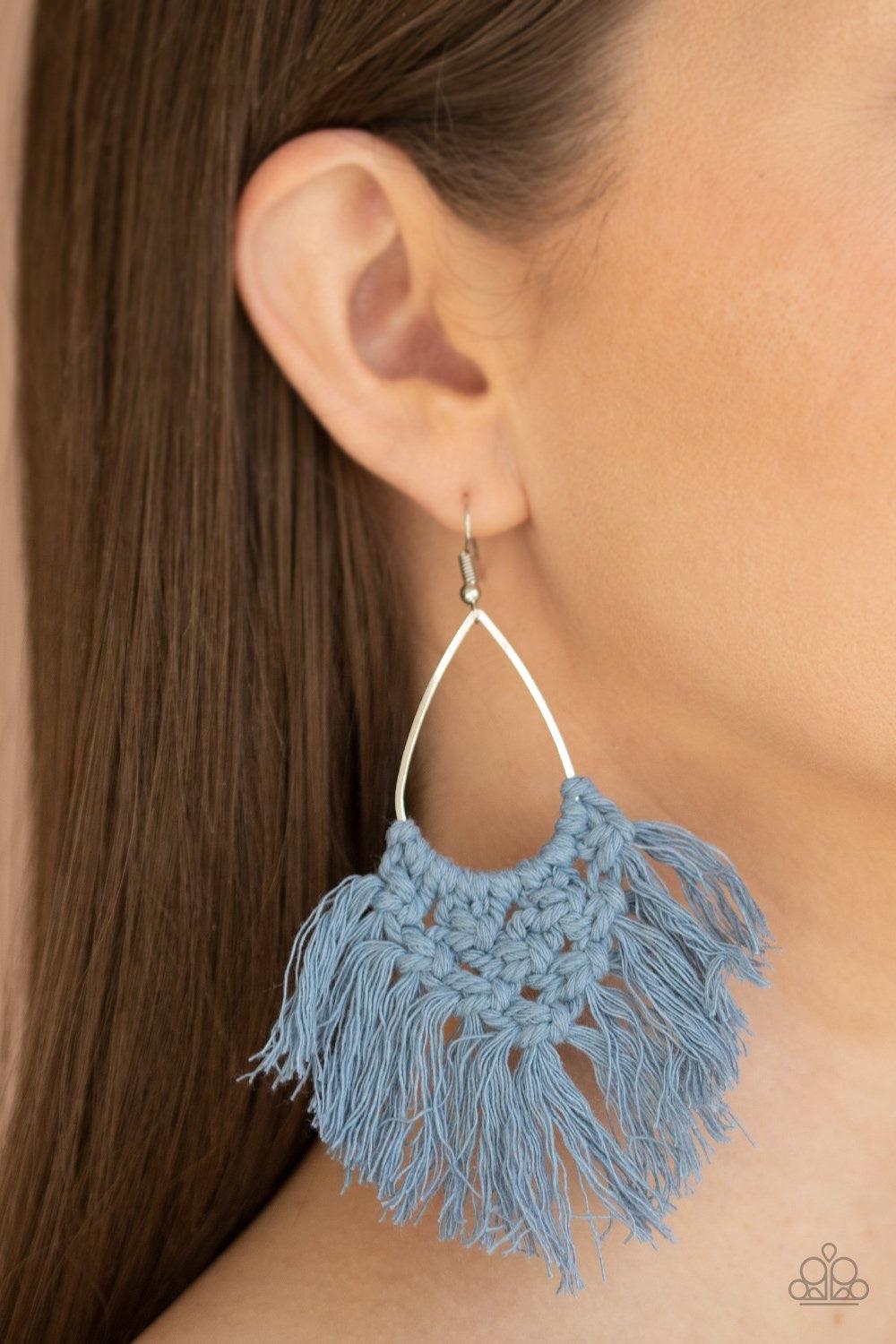 Paparazzi Accessories Oh MACRAME, Oh My - Blue Soft Faded Denim twine is decoratively knotted around a silver teardrop frame, creating a statement making fringe. Earring attaches to a standard fishhook fitting. Jewelry