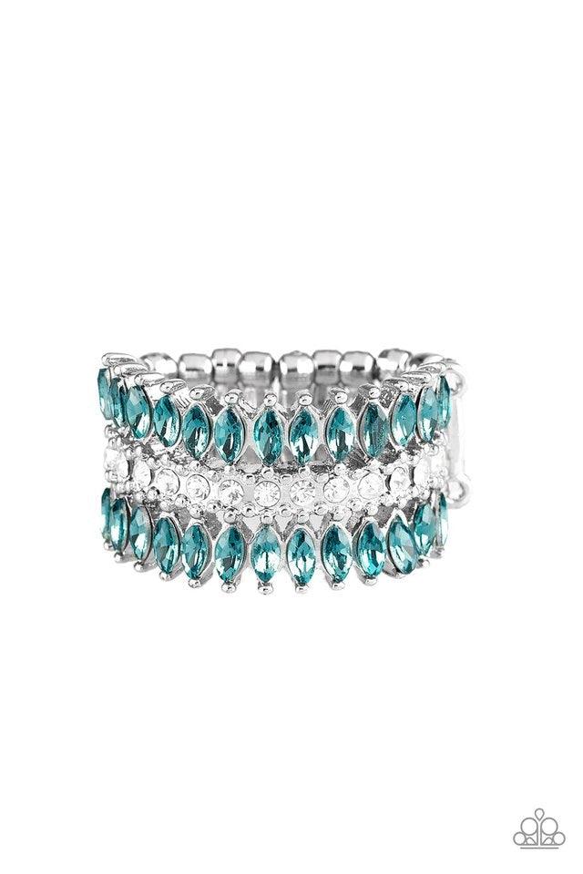 Paparazzi Accessories Treasury Fund - Blue Featuring refined marquise cuts, glittery blue rhinestones flare from a center of glassy white rhinestones, creating a regal band across the finger. Features a stretchy band for a flexible fit. Jewelry