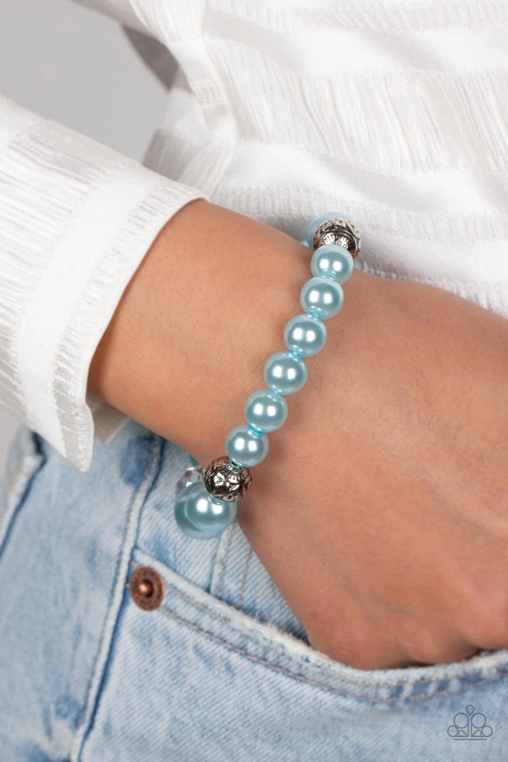 Paparazzi Accessories Royal Reward - Blue Bubbly Spun Sugar pearls, textured silver accents, and clear faceted beads nobly drape around the wrist on an elastic stretchy band for a refined pop of color. Sold as one individual bracelet.