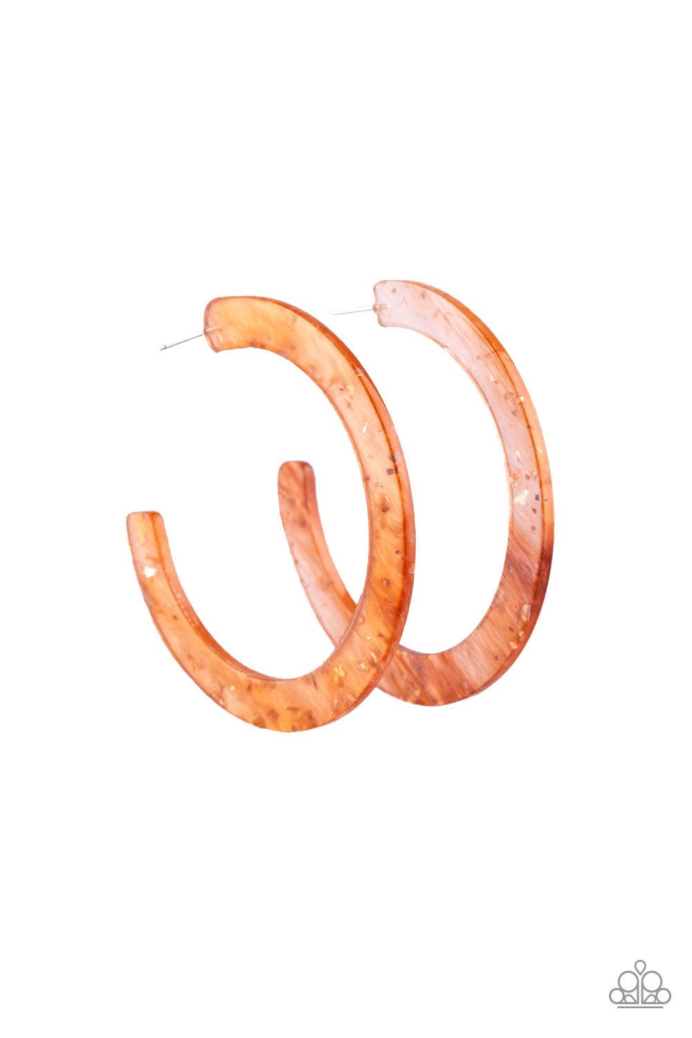 Paparazzi Accessories HAUTE Tamale - Copper Featuring flecks of shimmer, a coppery acrylic hoop curls around the ear for a retro-radiant look. Earring attaches to a standard post fitting. Hoop measures approximately 2 1/4" in diameter. Jewelry